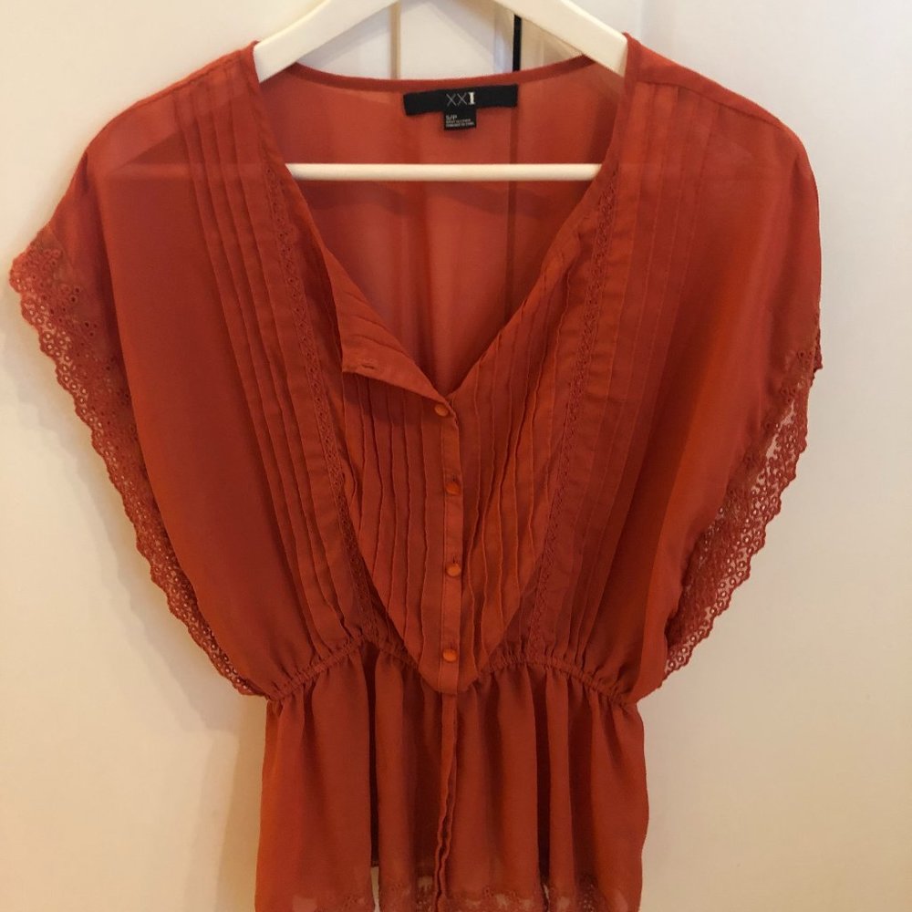 F21 Chiffon Blouse with Embroidery Detail - Size S